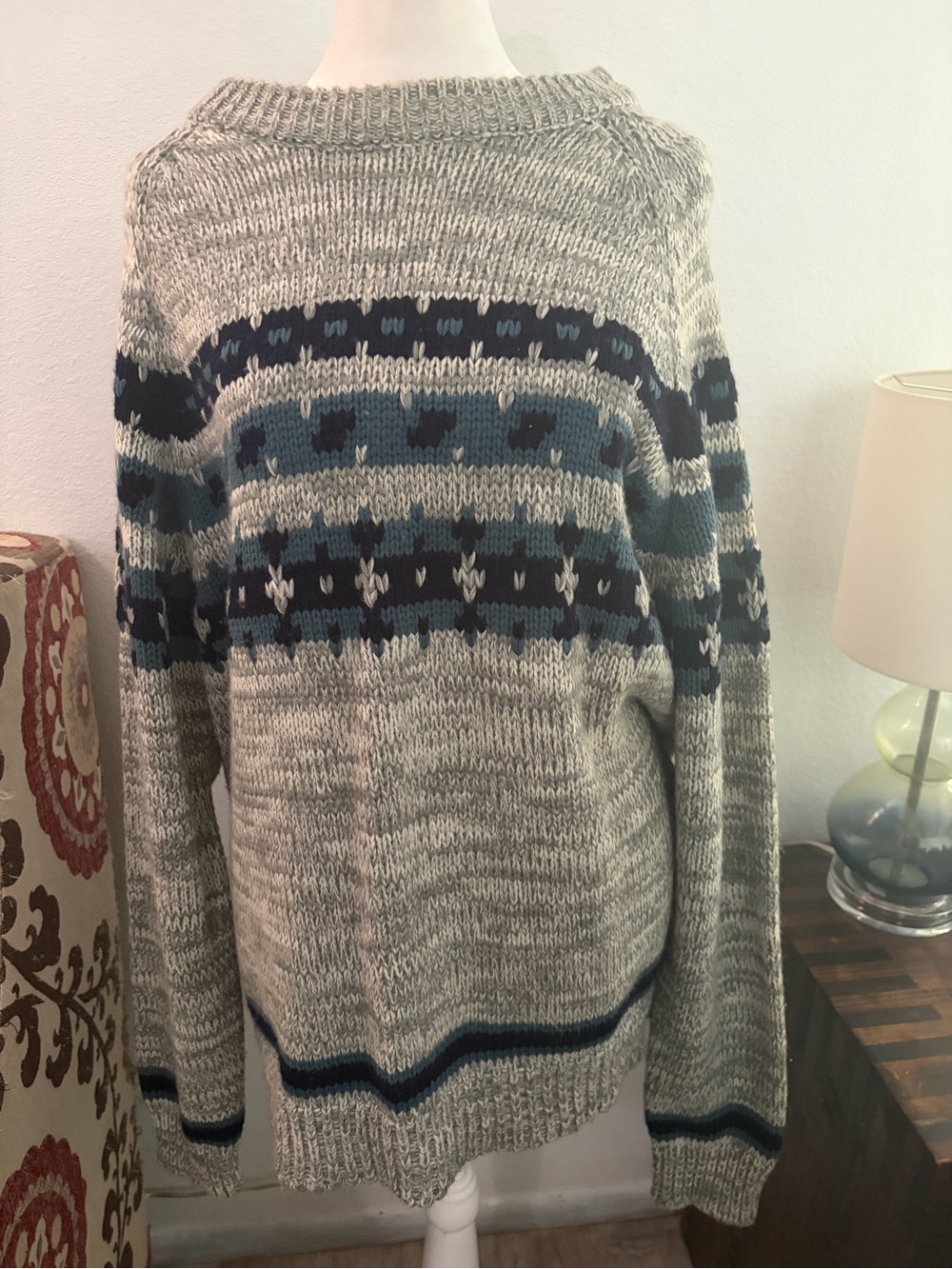 Alpine Gray Crewneck Sweater with Navy and Teal Pattern